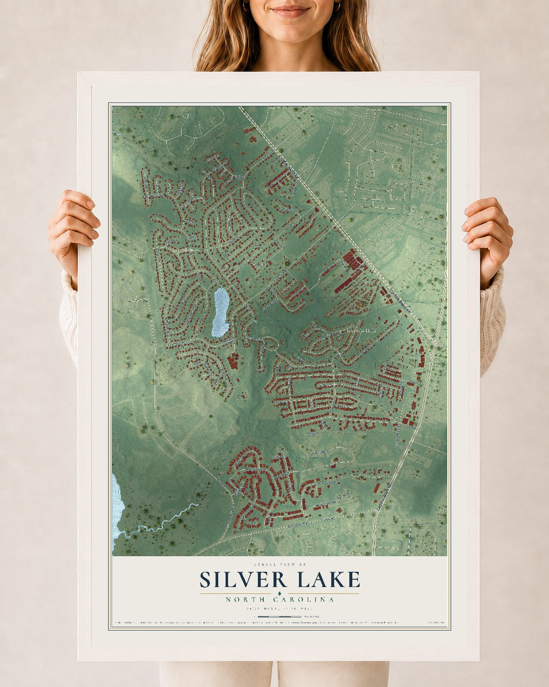 Map of Silver Lake, North Carolina, 24 x 36 inch print in a white wood frame