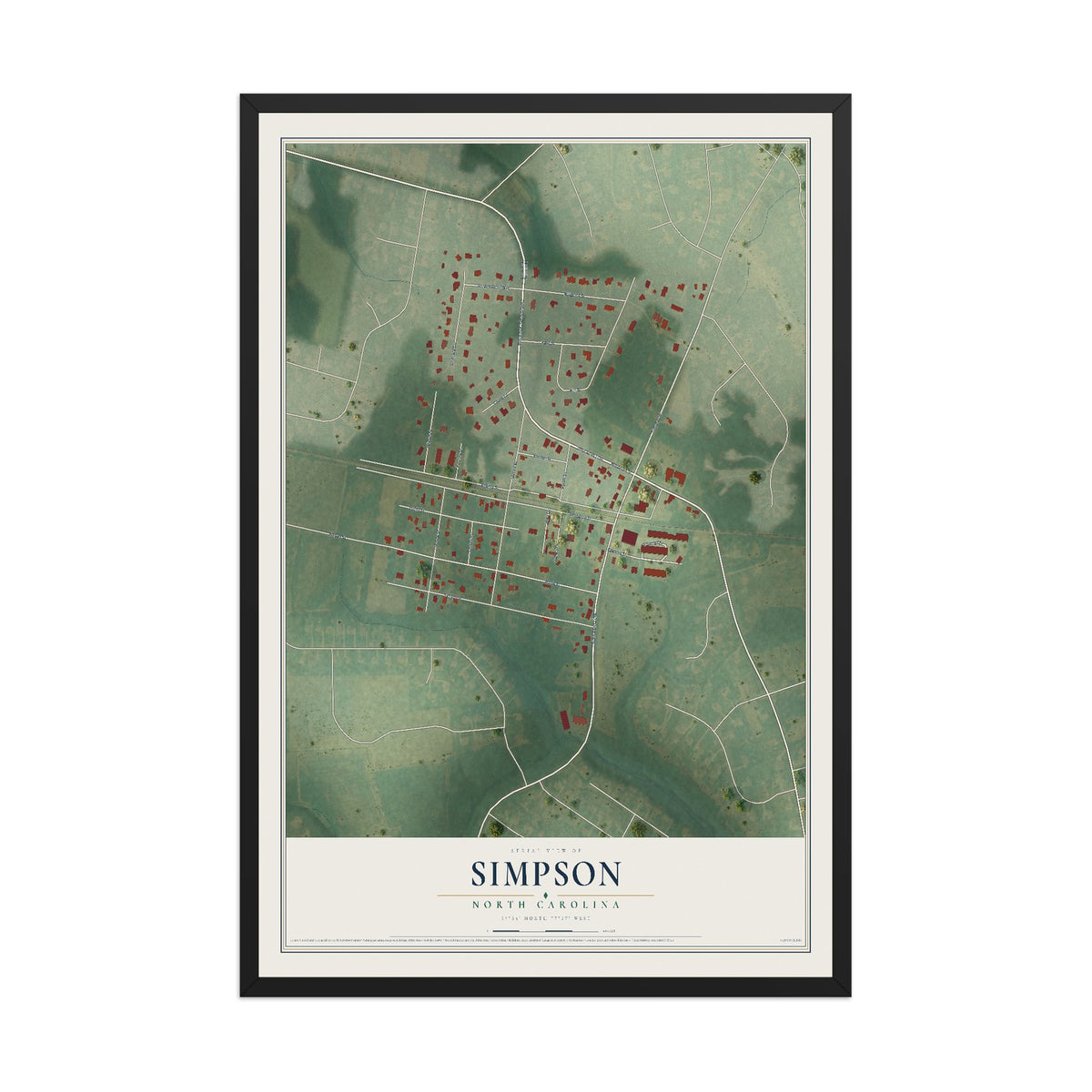 Map of Simpson, North Carolina, 12 x 18 inch print in a black wood frame
