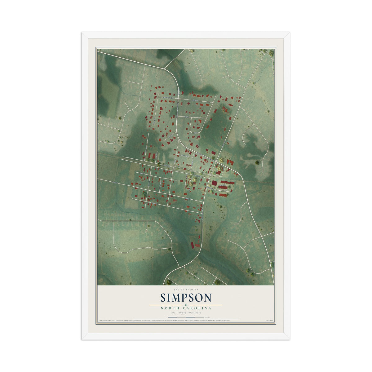 Map of Simpson, North Carolina, 12 x 18 inch print in a white wood frame