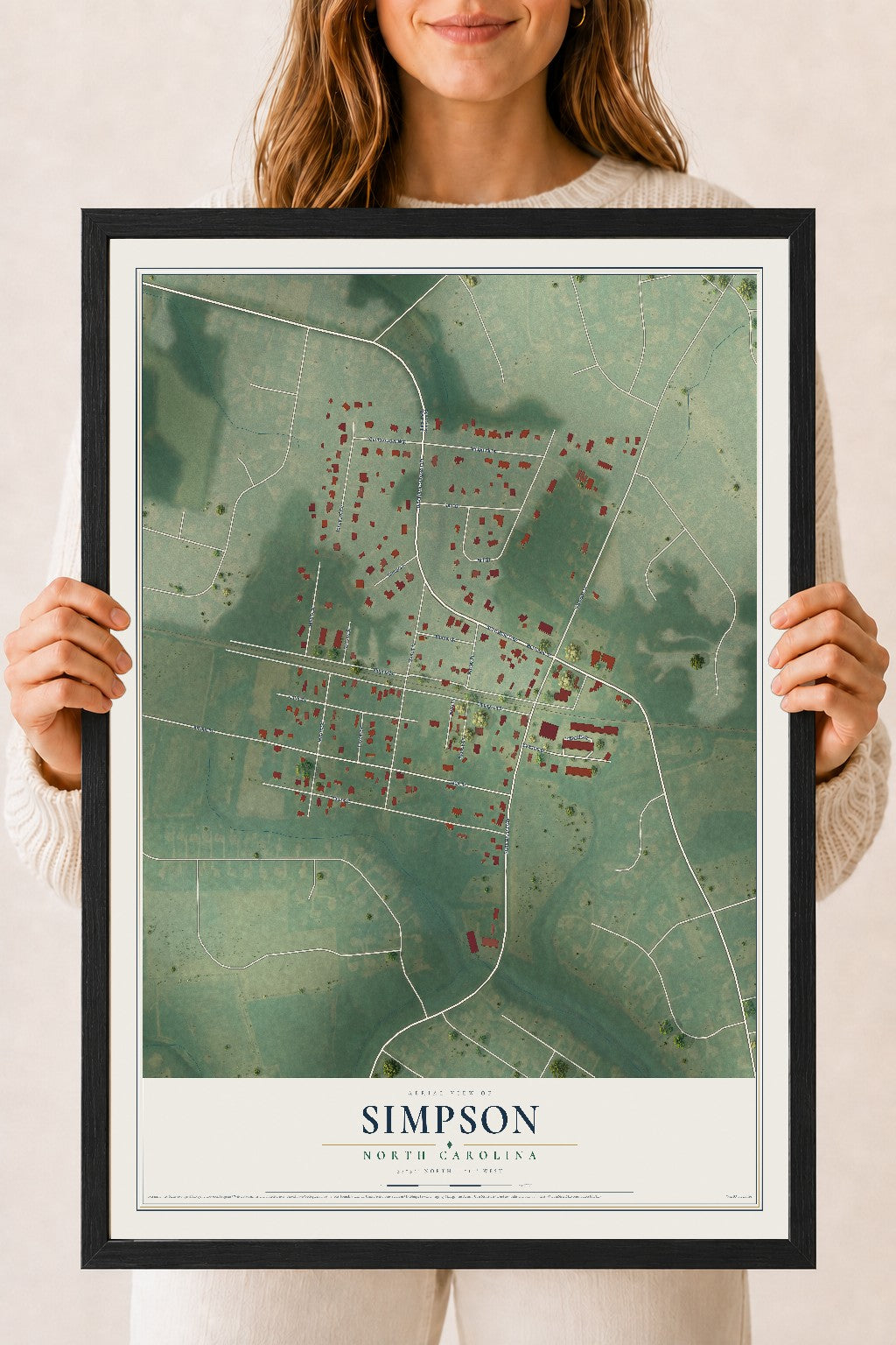 Map of Simpson, North Carolina, 18 x 24 inch print in a black wood frame