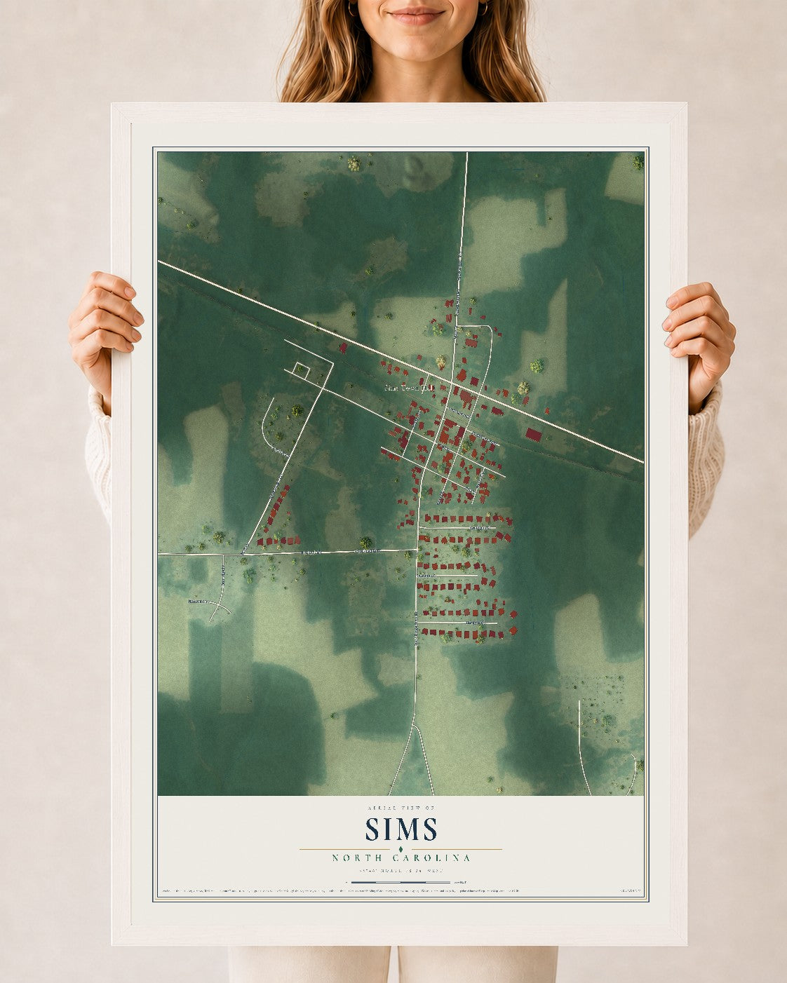 Map of Sims, North Carolina, 24 x 36 inch print in a white wood frame