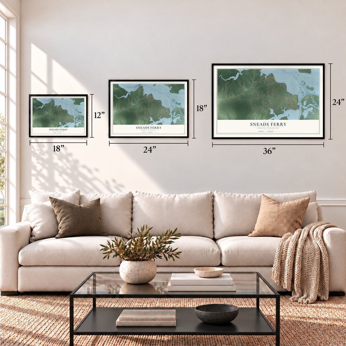 Sneads Ferry, North Carolina map in 12 x 18, 18 x 24 and 24 x 36 inch sizes above a sofa