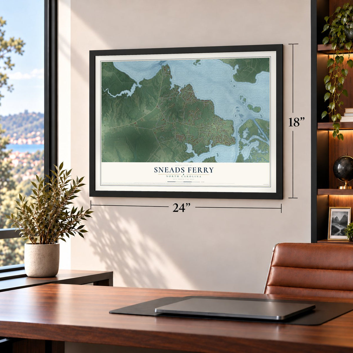 Sneads Ferry, North Carolina map, 18 x 24 inch print in a black frame in a home office