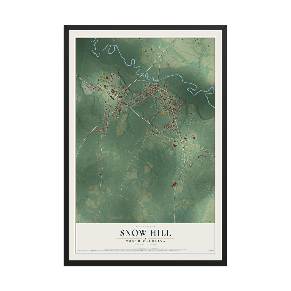 Map of Snow Hill, North Carolina, 12 x 18 inch print in a black wood frame