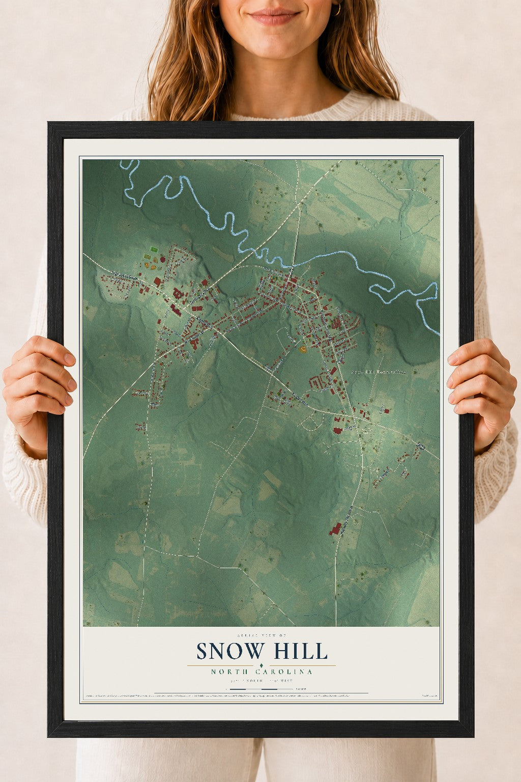 Map of Snow Hill, North Carolina, 18 x 24 inch print in a black wood frame