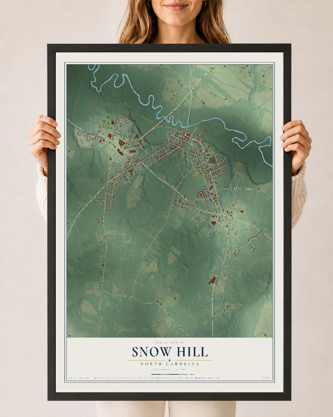 Map of Snow Hill, North Carolina, 24 x 36 inch print in a black wood frame