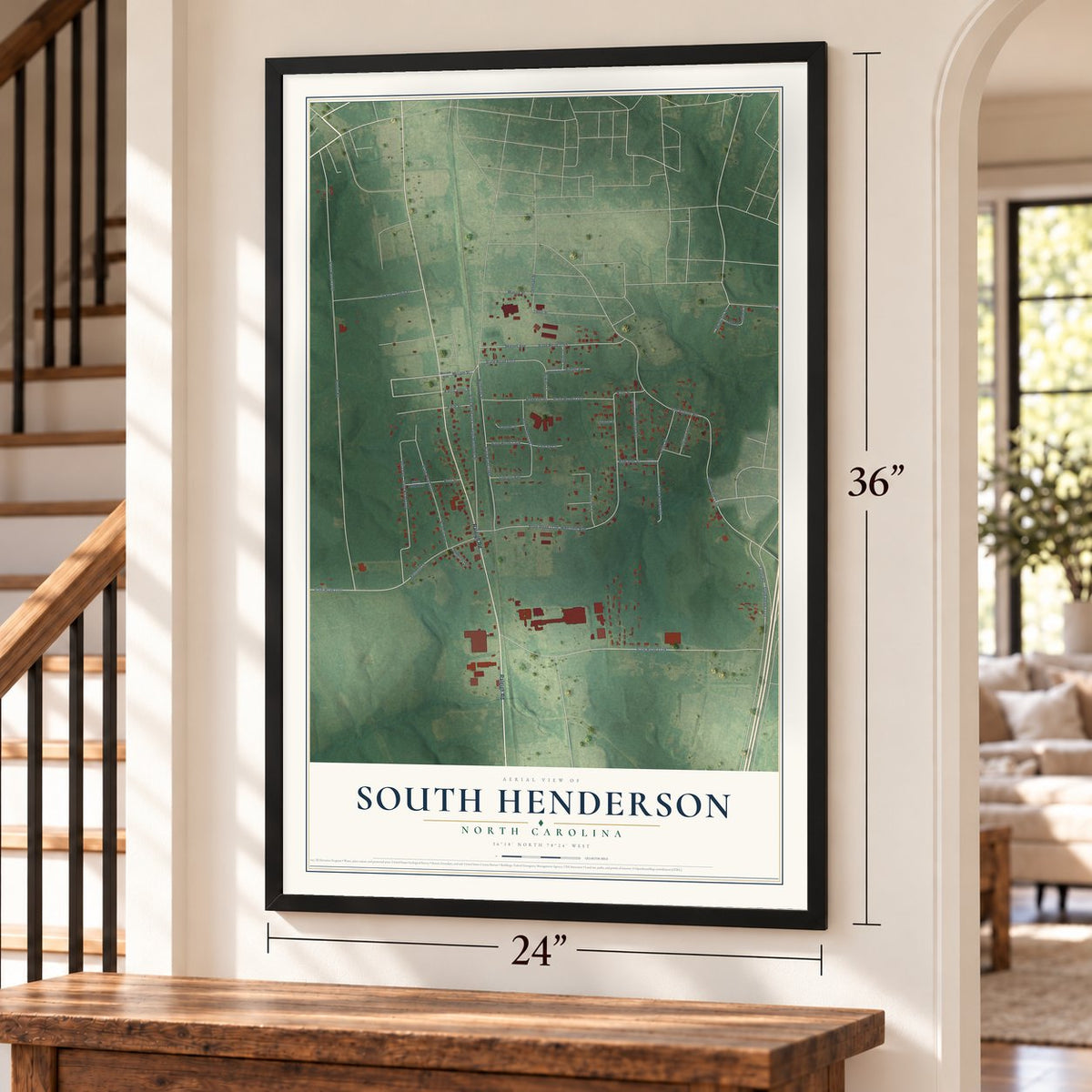 South Henderson, North Carolina map, 24 x 36 inch print in a black frame by a staircase