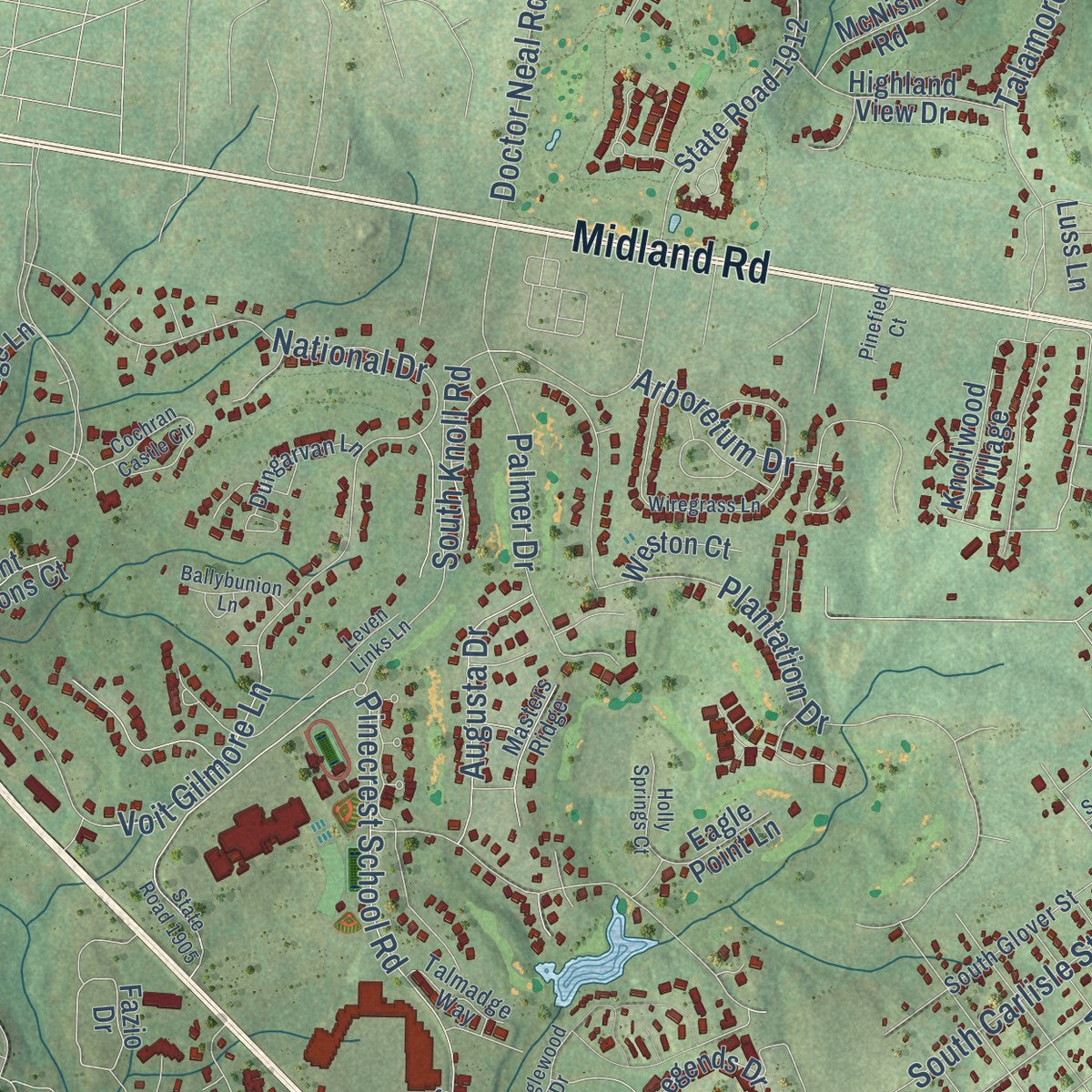 Second close-up of the map of Southern Pines, North Carolina print showing more streets and buildings