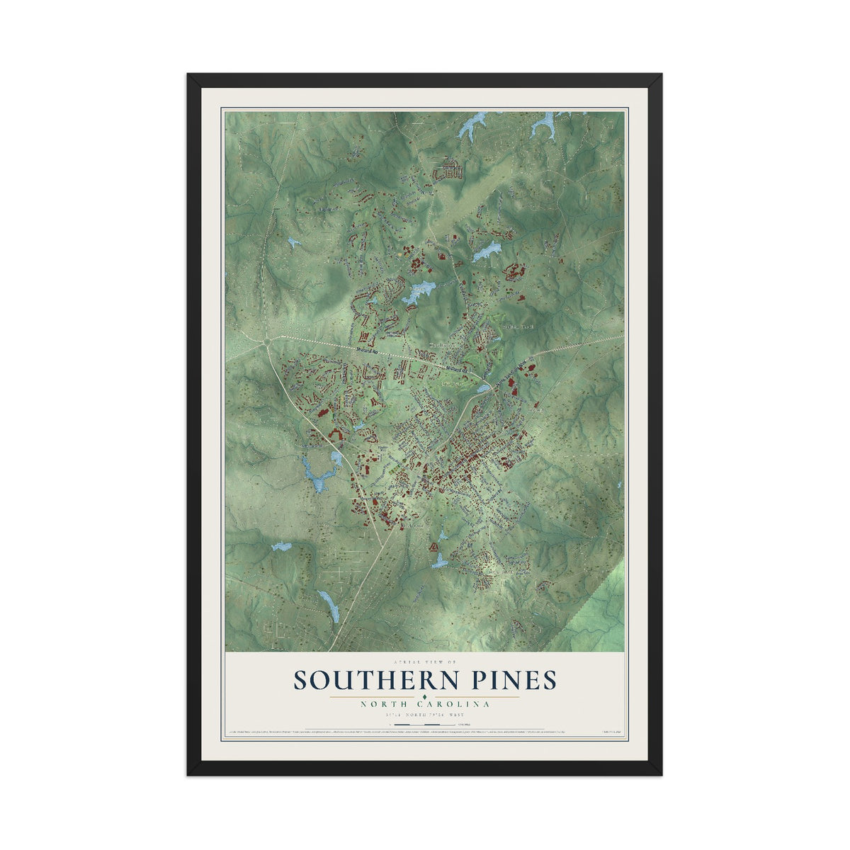Map of Southern Pines, North Carolina, 12 x 18 inch print in a black wood frame