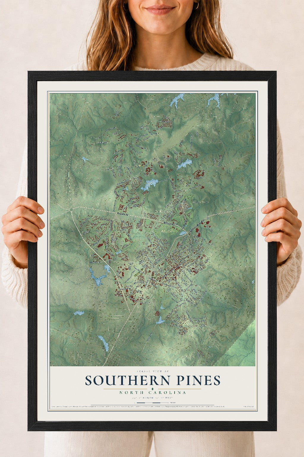 Map of Southern Pines, North Carolina, 18 x 24 inch print in a black wood frame