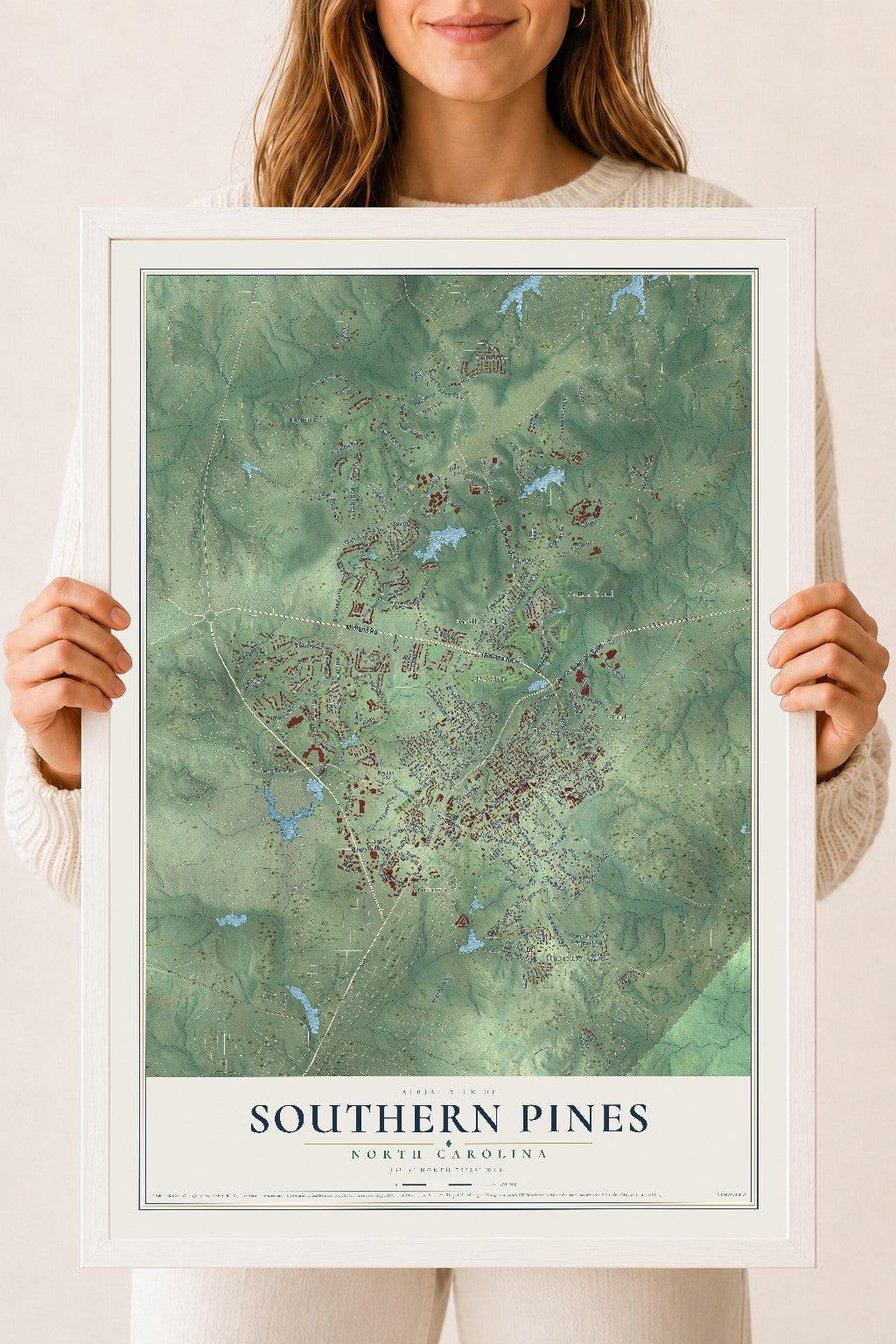 Map of Southern Pines, North Carolina, 18 x 24 inch print in a white wood frame