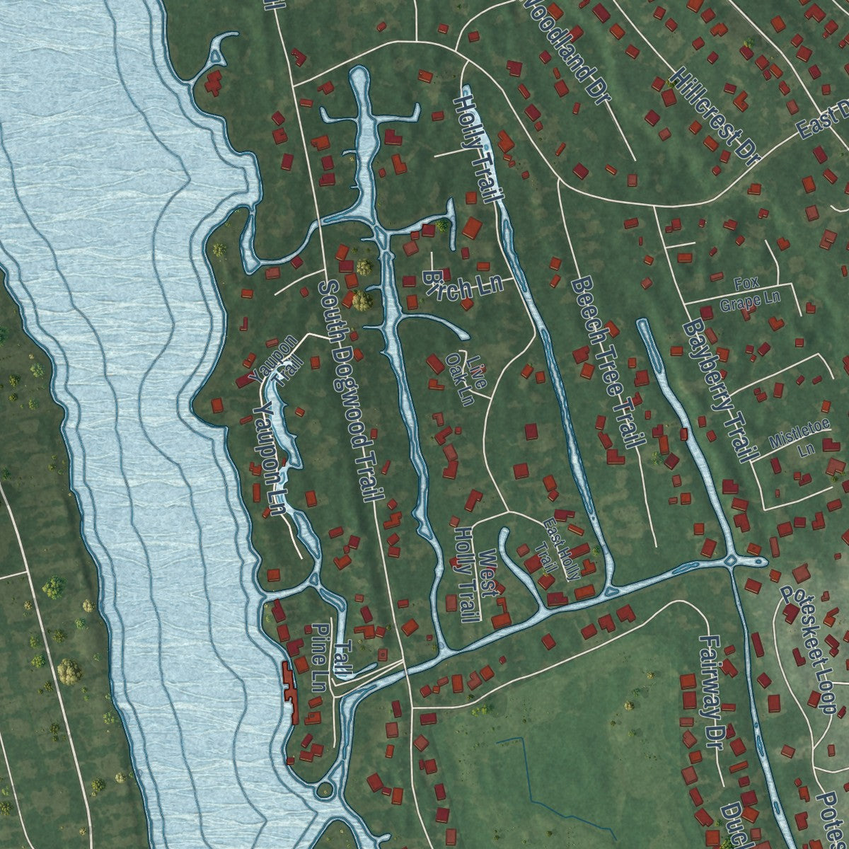 Second close-up of the map of Southern Shores, North Carolina print showing more streets and buildings