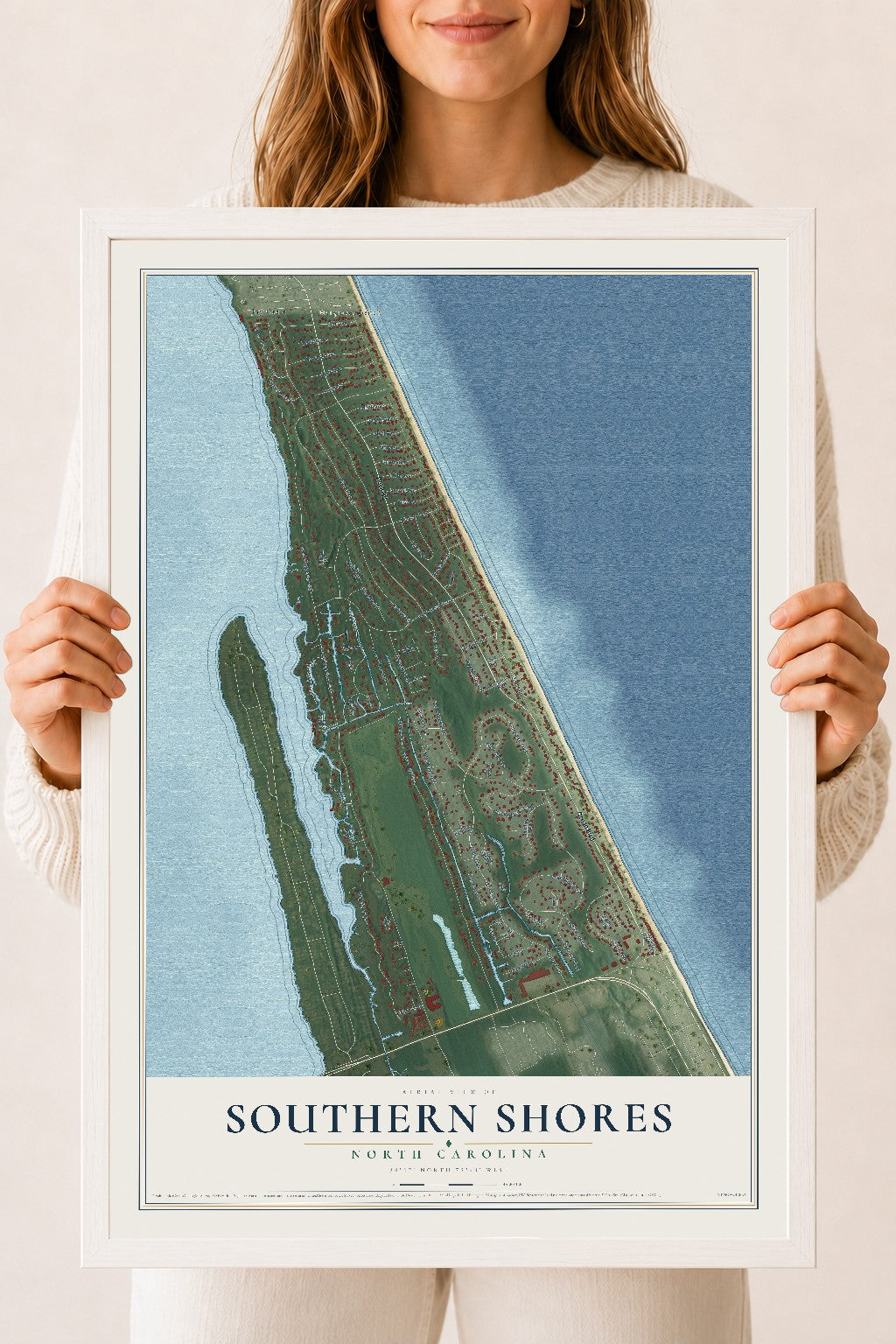 Map of Southern Shores, North Carolina, 18 x 24 inch print in a white wood frame
