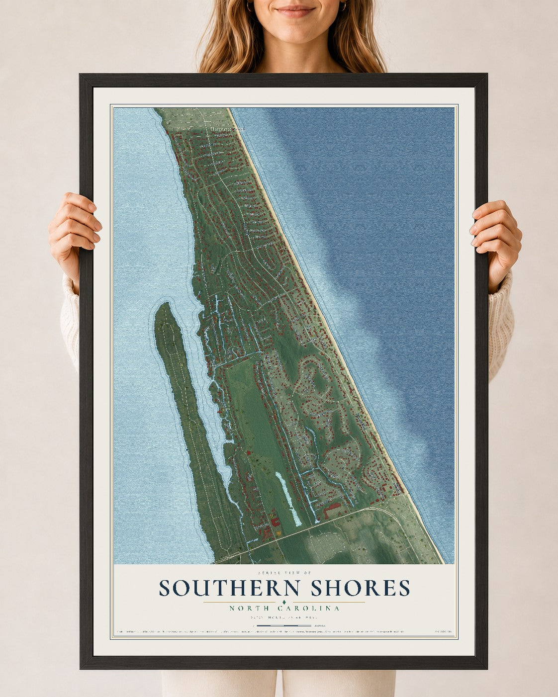 Map of Southern Shores, North Carolina, 24 x 36 inch print in a black wood frame