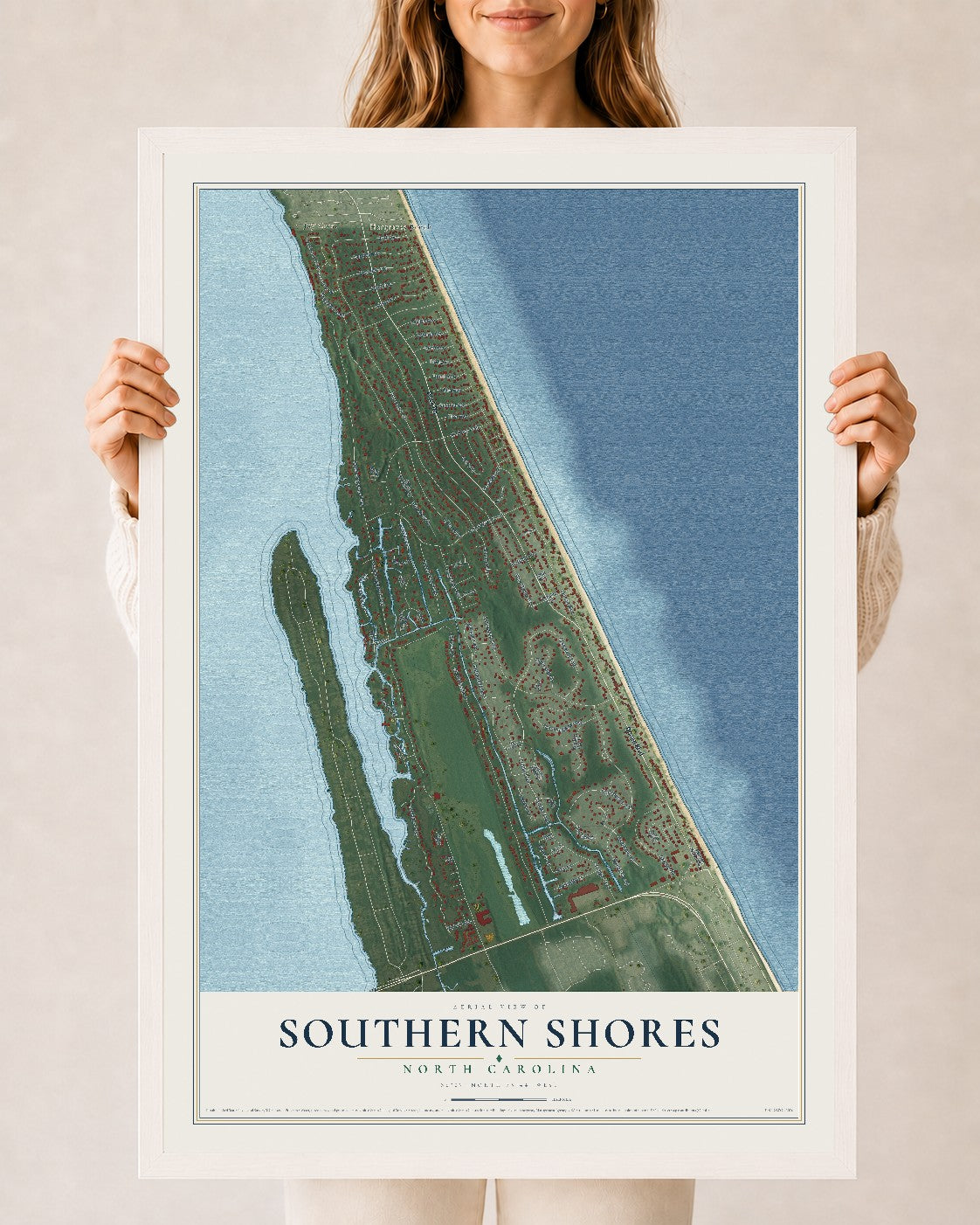 Map of Southern Shores, North Carolina, 24 x 36 inch print in a white wood frame