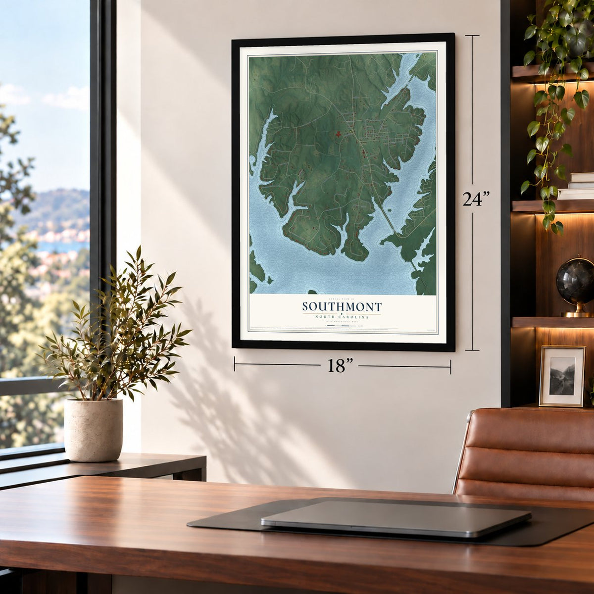 Southmont, North Carolina map, 18 x 24 inch print in a black frame in a home office