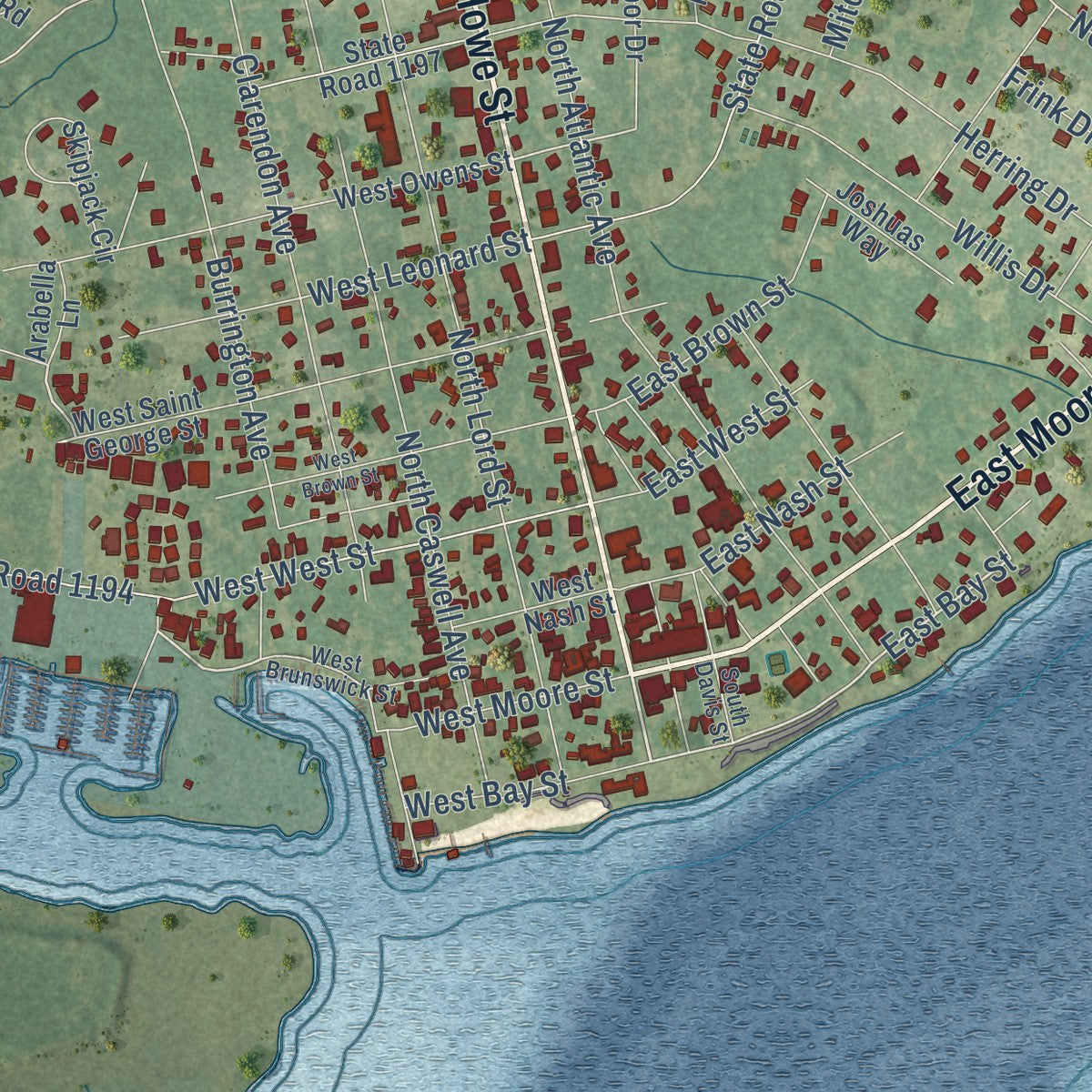 Close-up of the map of Southport, North Carolina print showing street and building detail
