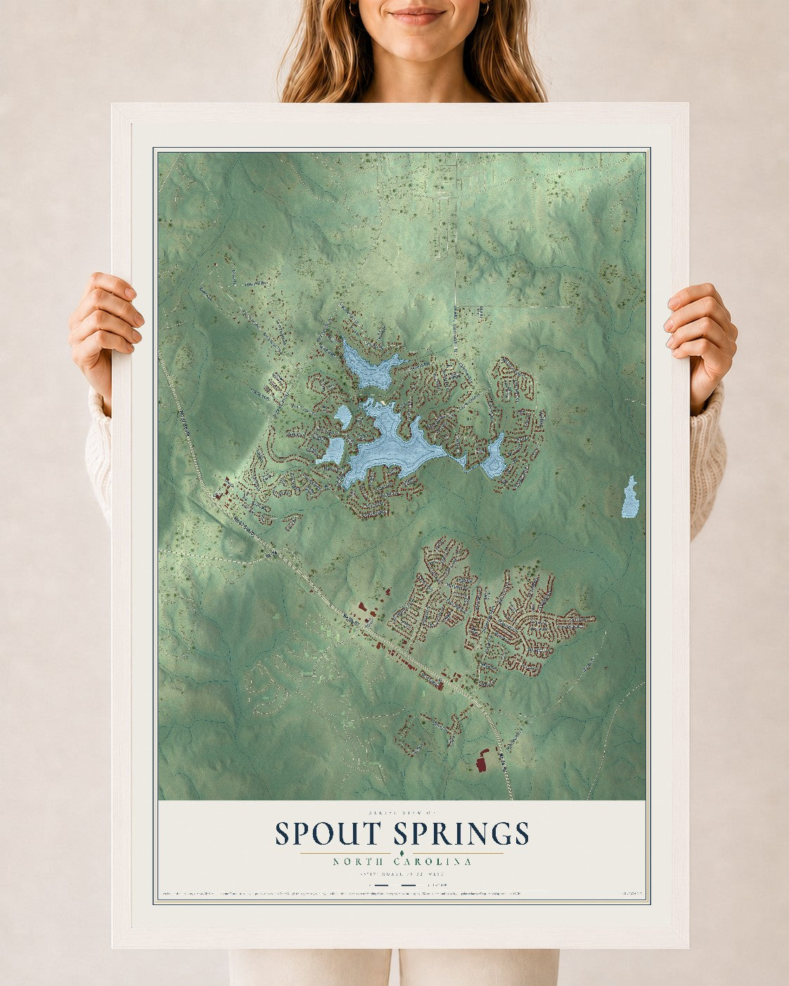 Map of Spout Springs, North Carolina, 24 x 36 inch print in a white wood frame