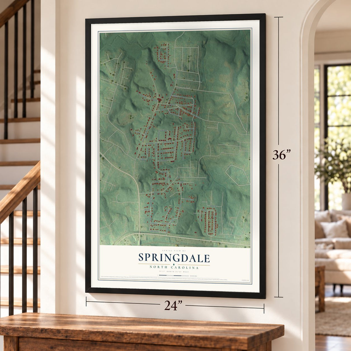 Springdale, North Carolina map, 24 x 36 inch print in a black frame by a staircase