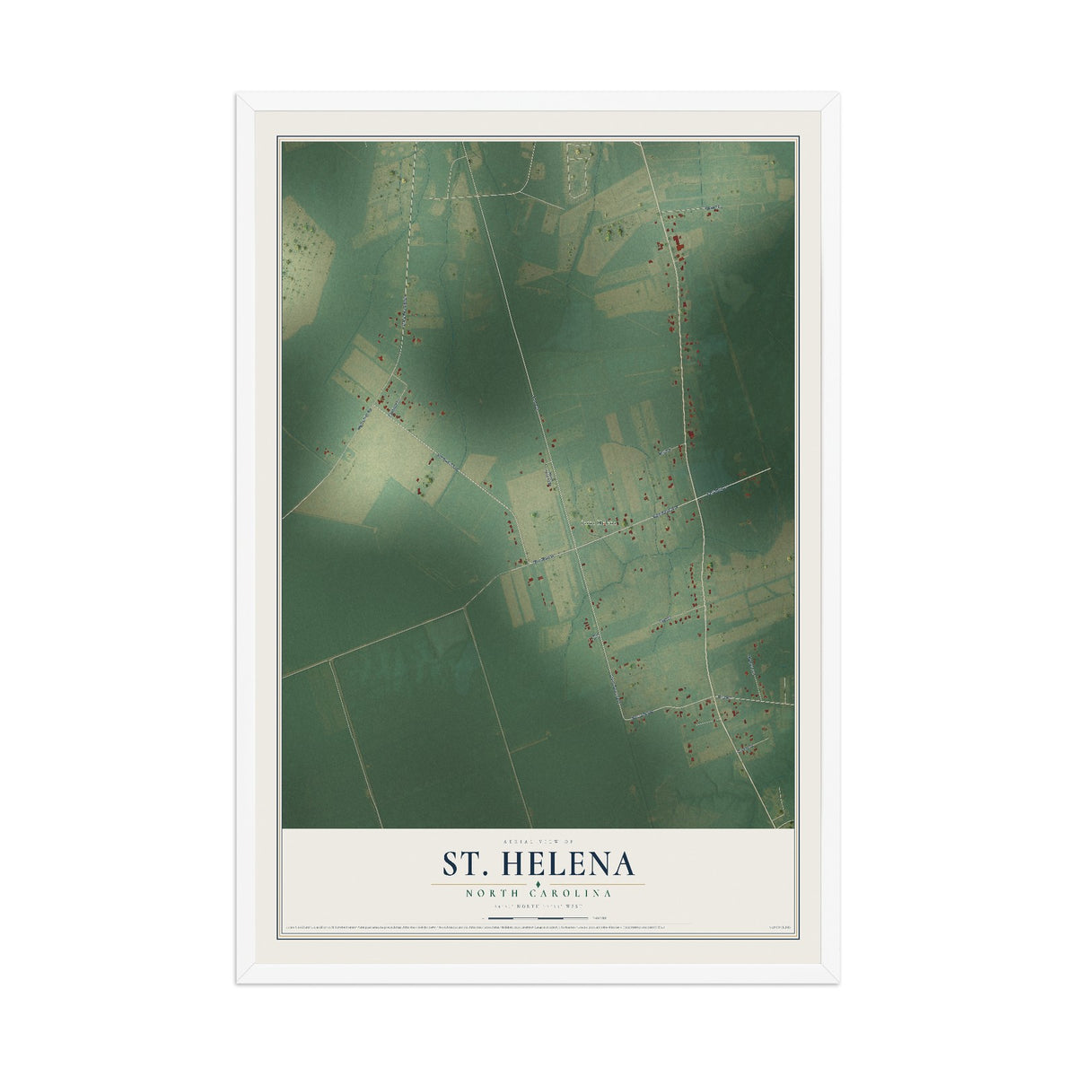 Map of St. Helena, North Carolina, 12 x 18 inch print in a white wood frame