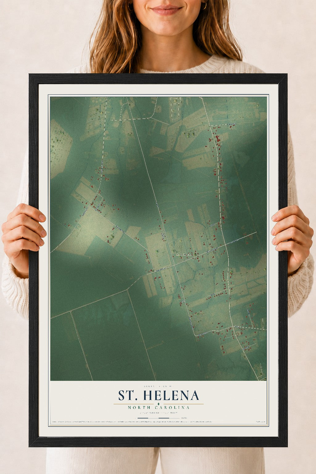Map of St. Helena, North Carolina, 18 x 24 inch print in a black wood frame
