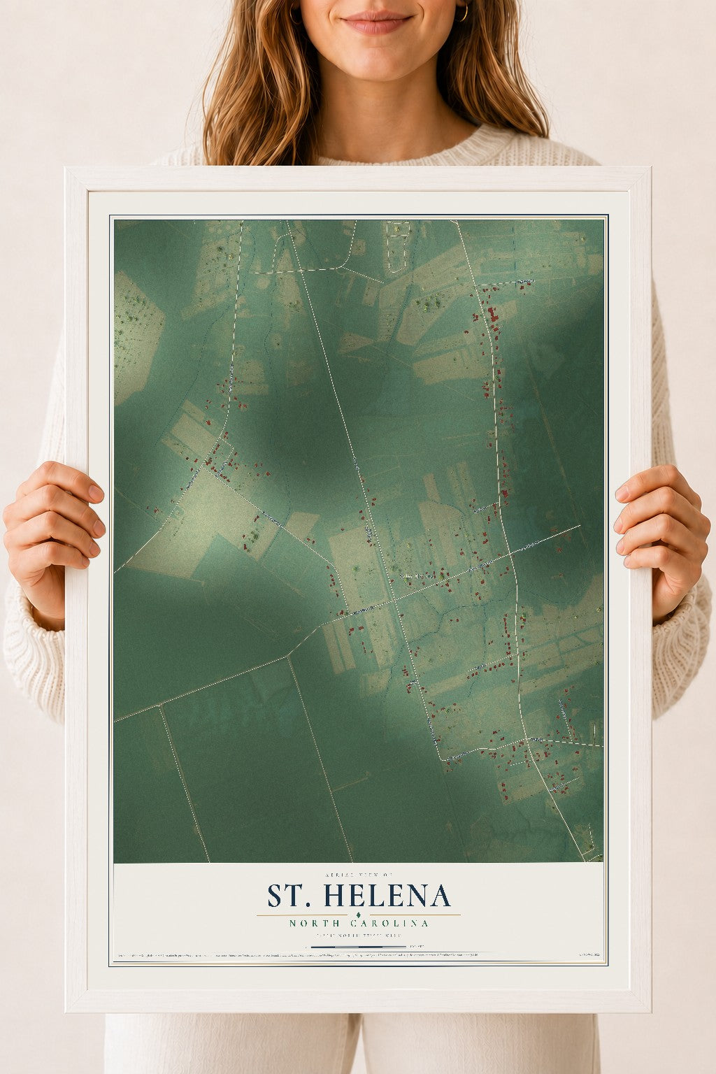 Map of St. Helena, North Carolina, 18 x 24 inch print in a white wood frame