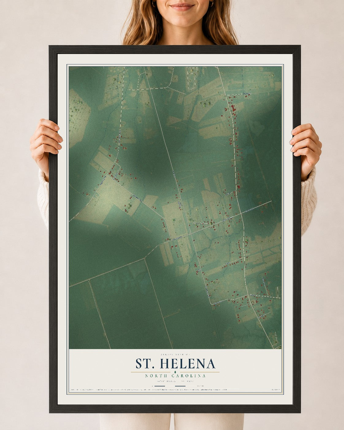 Map of St. Helena, North Carolina, 24 x 36 inch print in a black wood frame