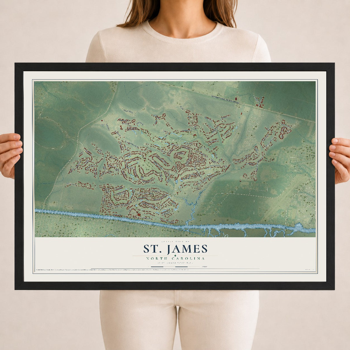 Map of St. James, North Carolina, 18 x 24 inch print in a black wood frame