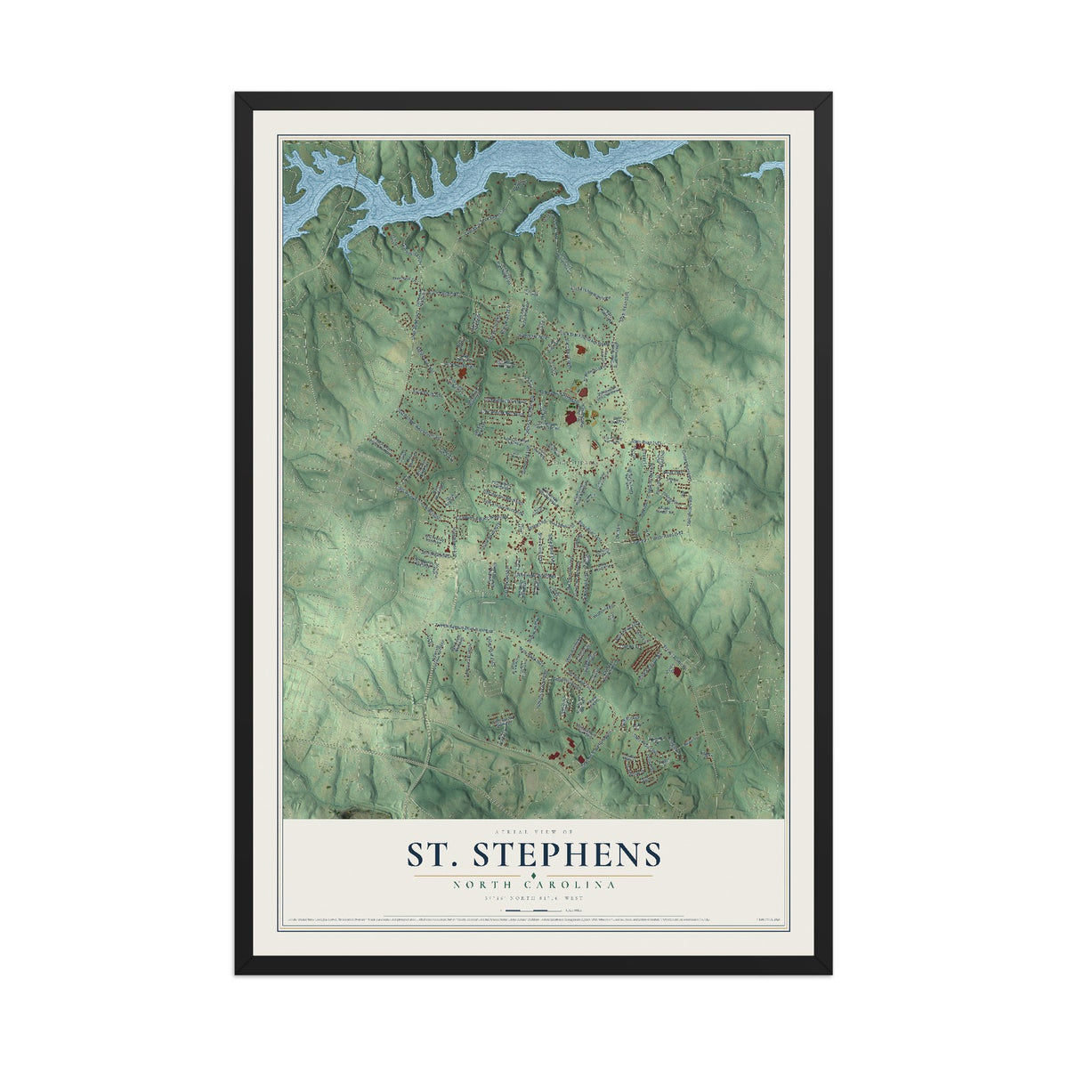 Map of St. Stephens, North Carolina, 12 x 18 inch print in a black wood frame