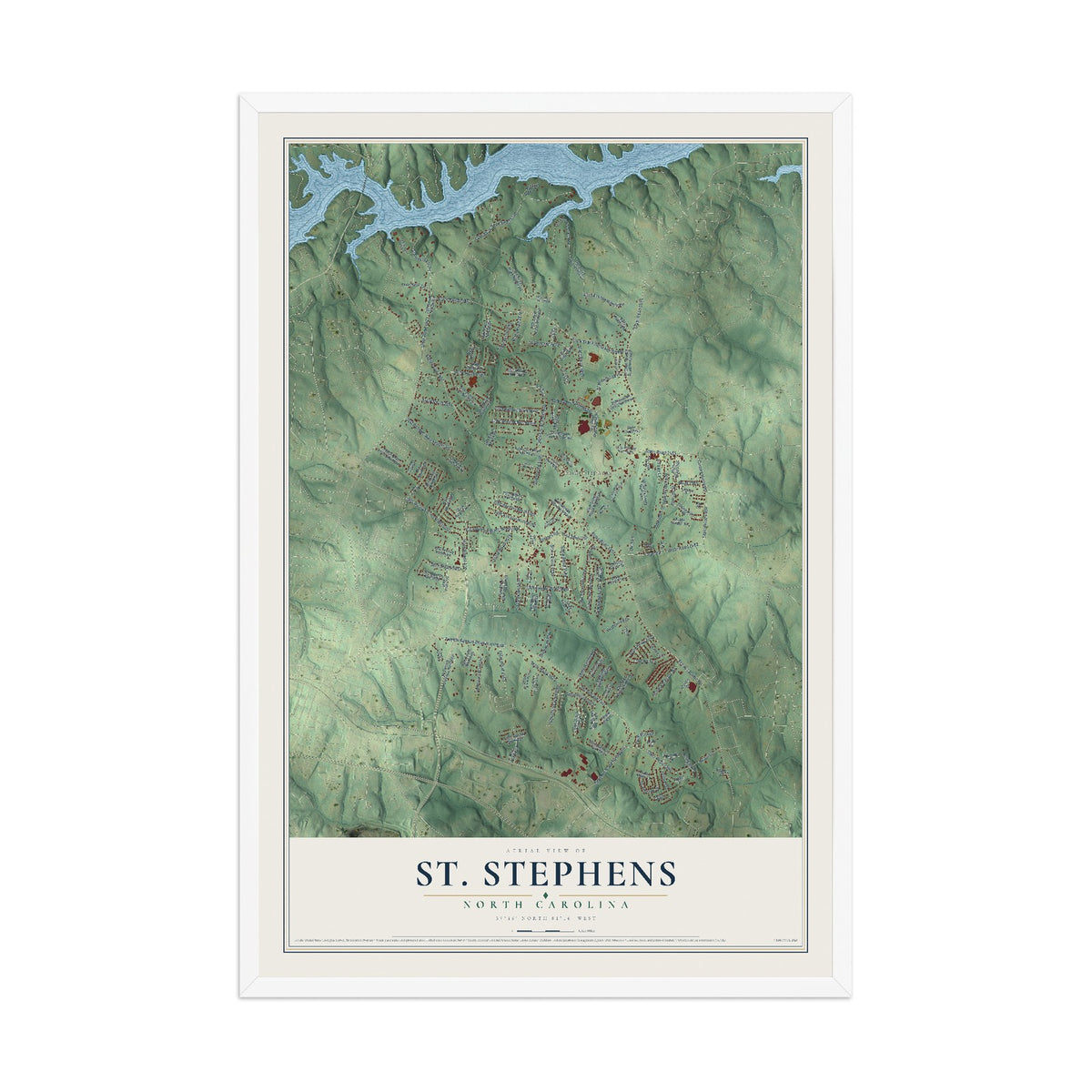 Map of St. Stephens, North Carolina, 12 x 18 inch print in a white wood frame