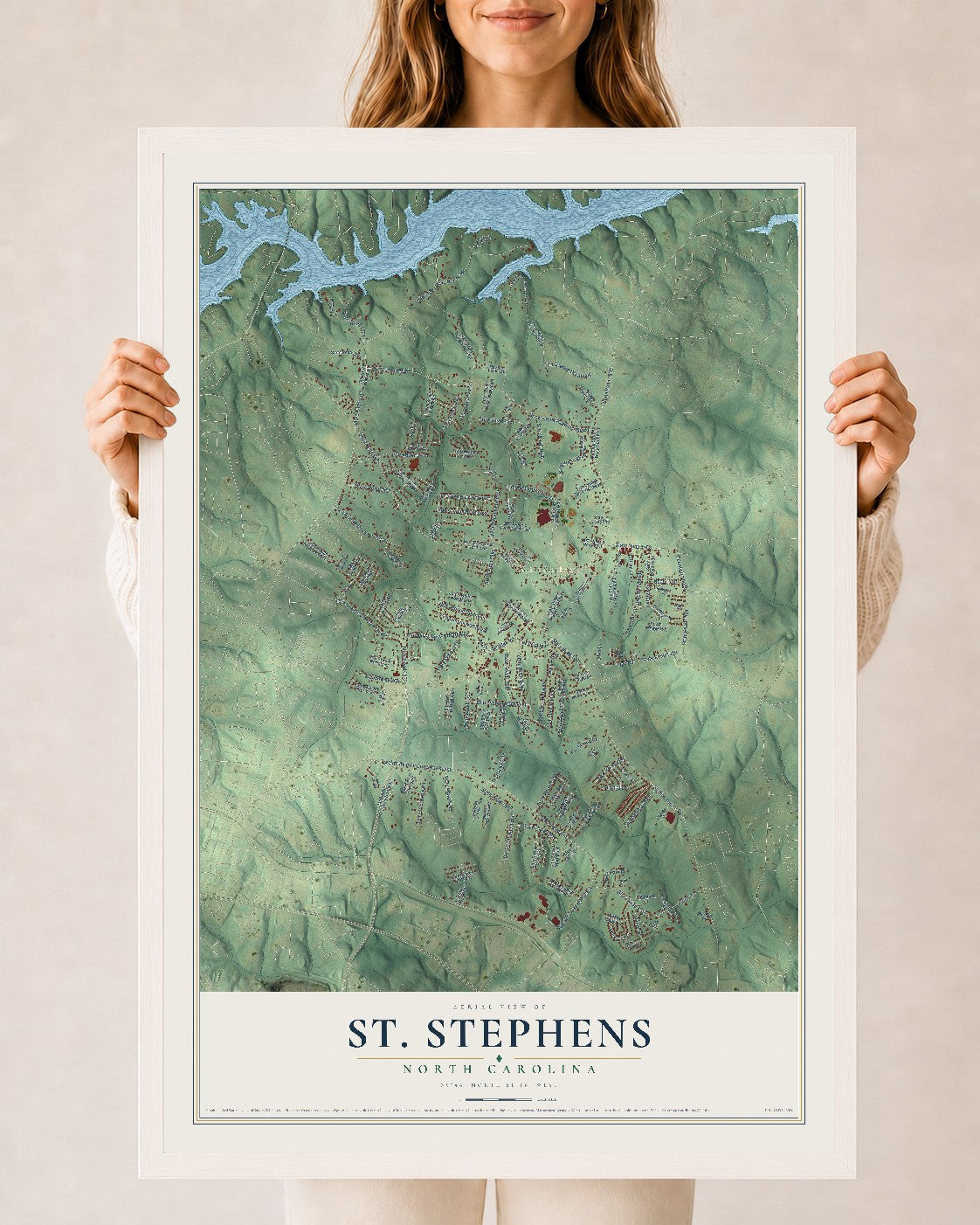 Map of St. Stephens, North Carolina, 24 x 36 inch print in a white wood frame