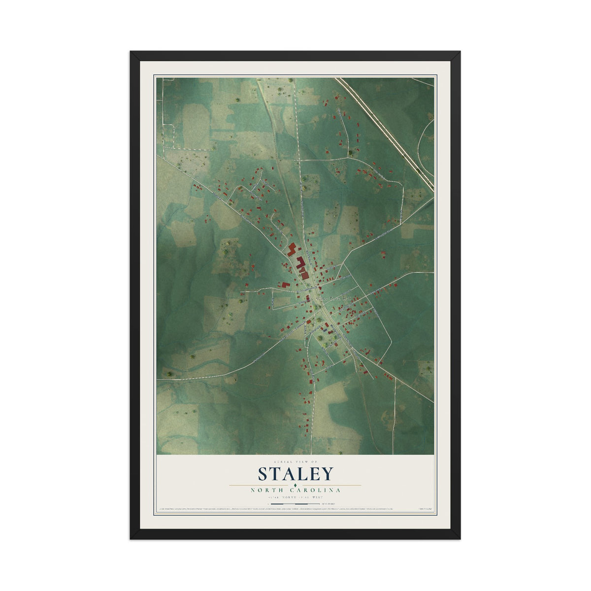 Map of Staley, North Carolina, 12 x 18 inch print in a black wood frame