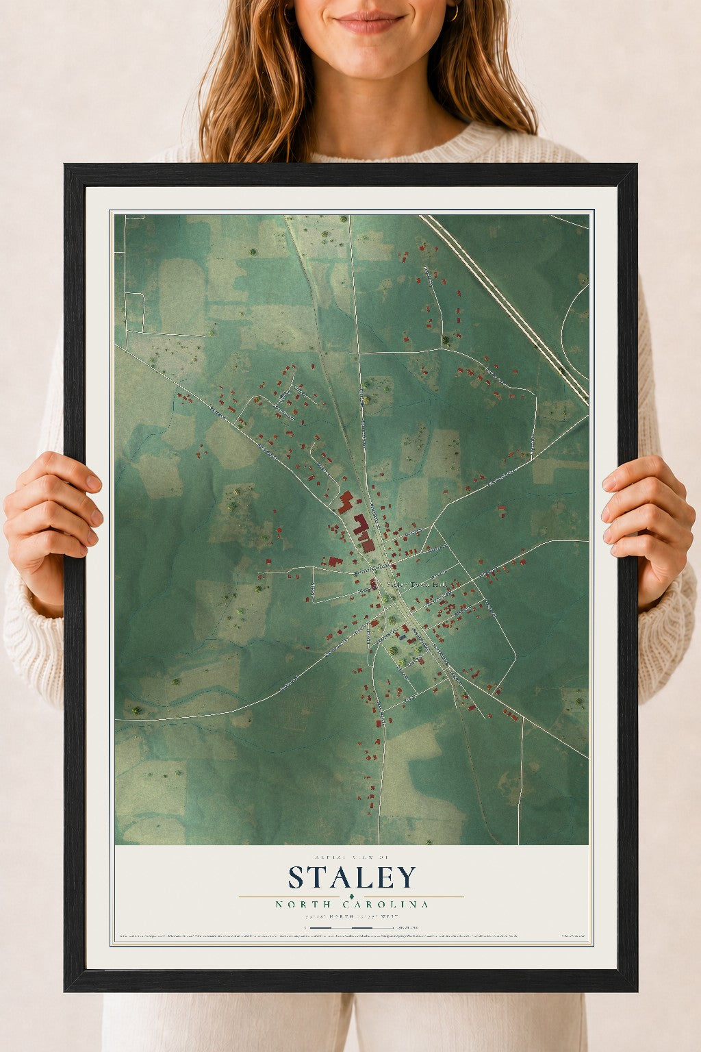 Map of Staley, North Carolina, 18 x 24 inch print in a black wood frame