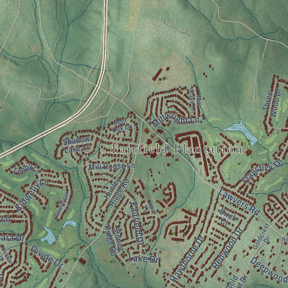 Close-up of the map of Stallings, North Carolina print showing street and building detail