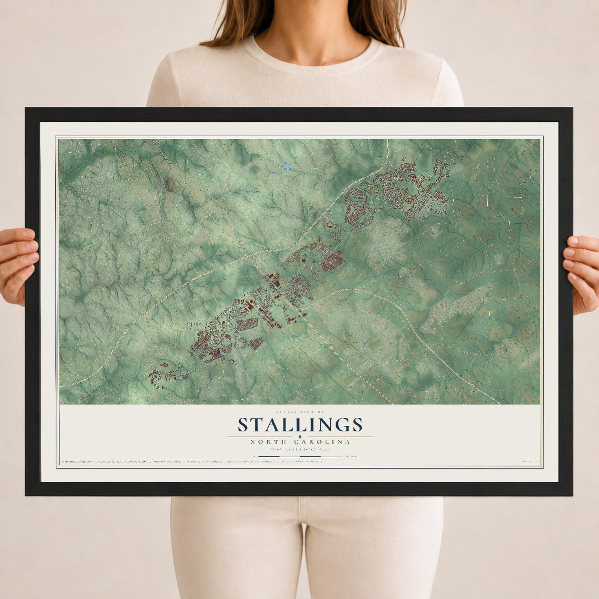 Map of Stallings, North Carolina, 18 x 24 inch print in a black wood frame