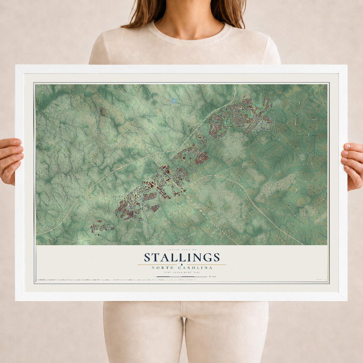 Map of Stallings, North Carolina, 18 x 24 inch print in a white wood frame