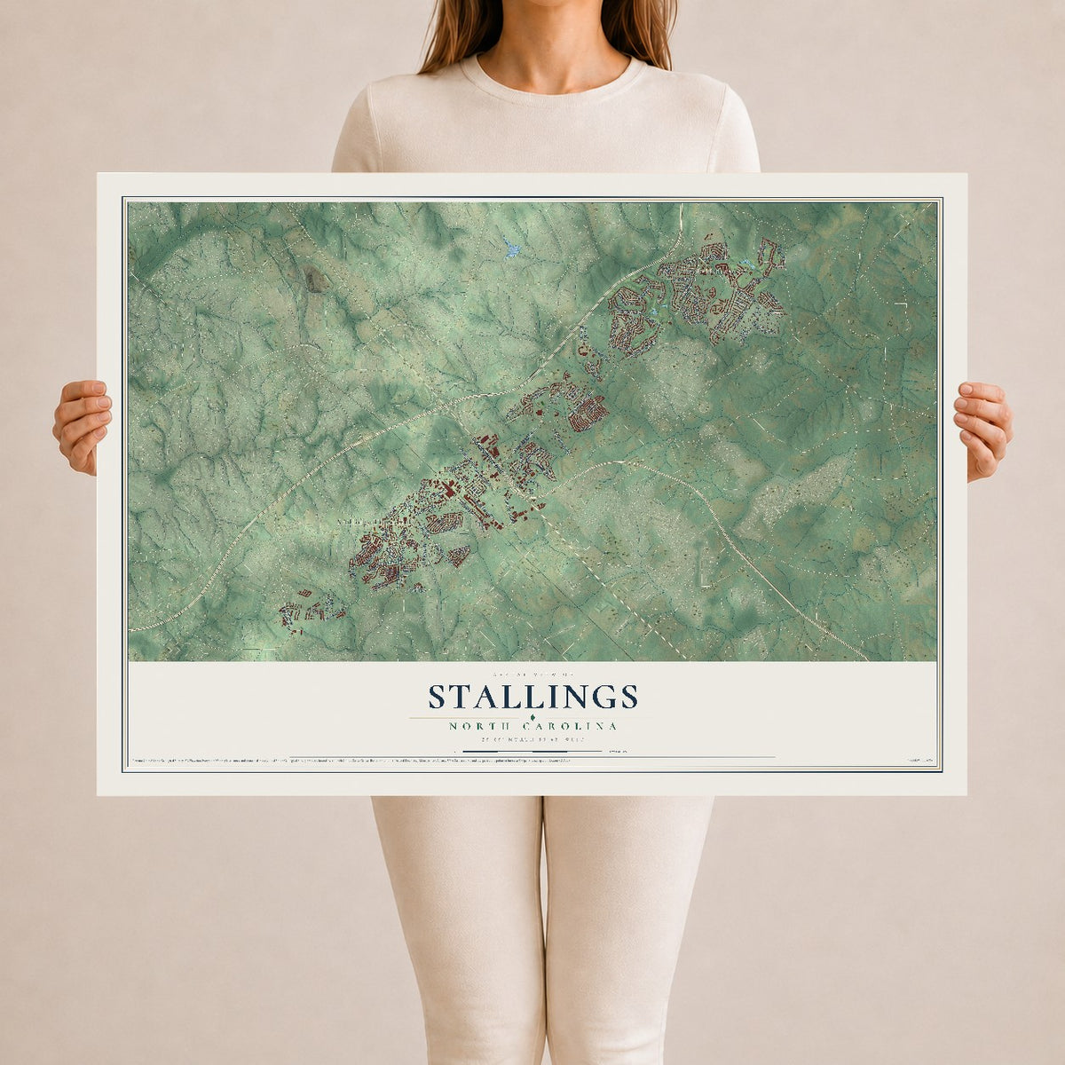 Map of Stallings, North Carolina, 24 x 36 inch unframed archival matte print