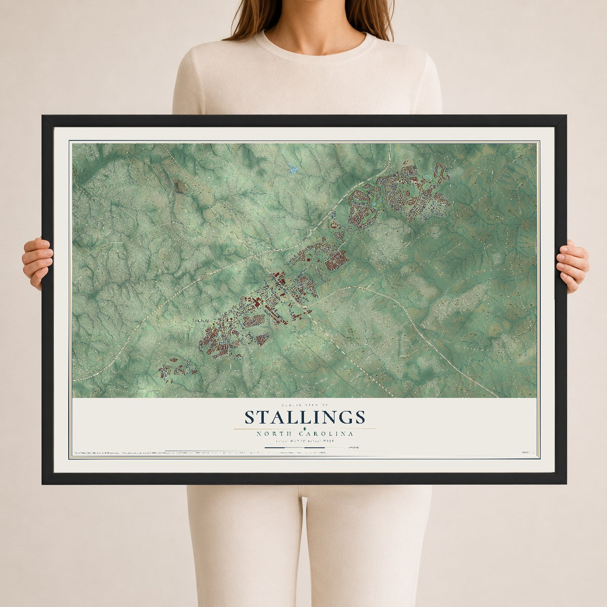 Map of Stallings, North Carolina, 24 x 36 inch print in a black wood frame