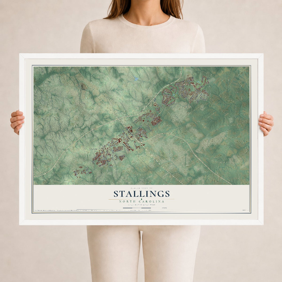 Map of Stallings, North Carolina, 24 x 36 inch print in a white wood frame