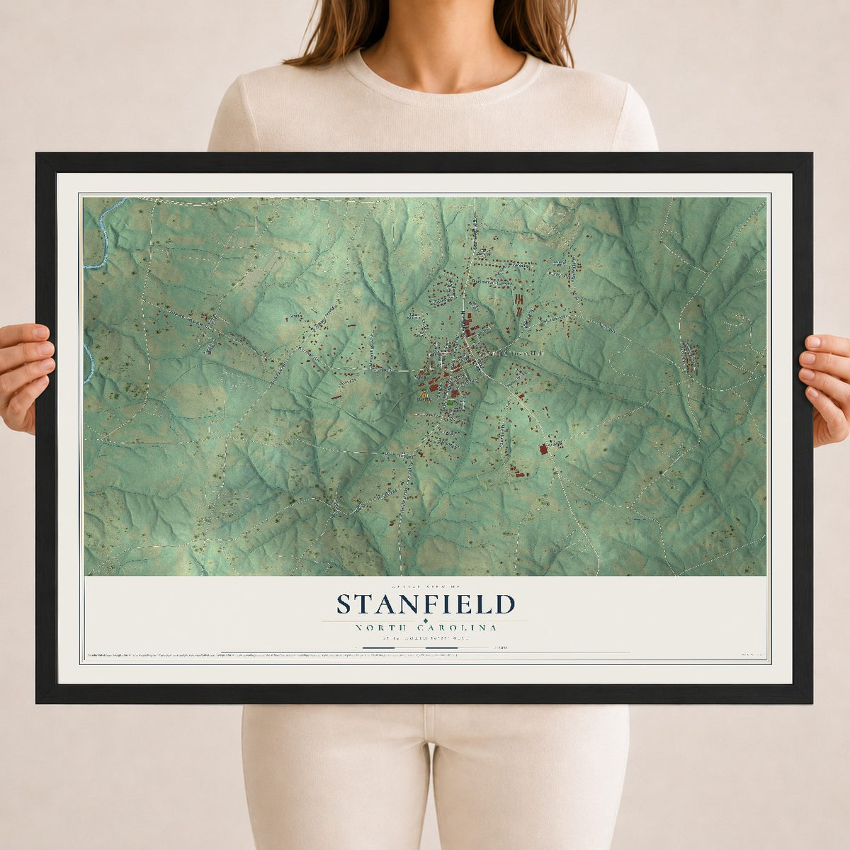 Map of Stanfield, North Carolina, 18 x 24 inch print in a black wood frame