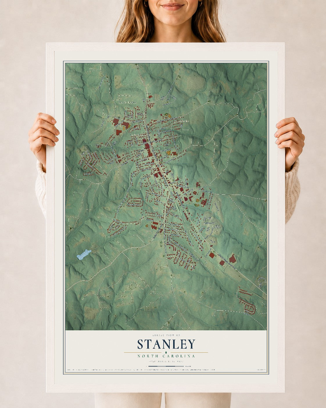 Map of Stanley, North Carolina, 24 x 36 inch print in a white wood frame