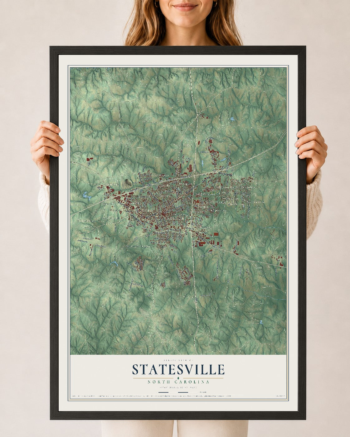 Map of Statesville, North Carolina, 24 x 36 inch print in a black wood frame