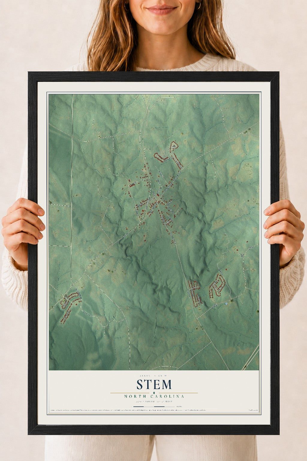 Map of Stem, North Carolina, 18 x 24 inch print in a black wood frame