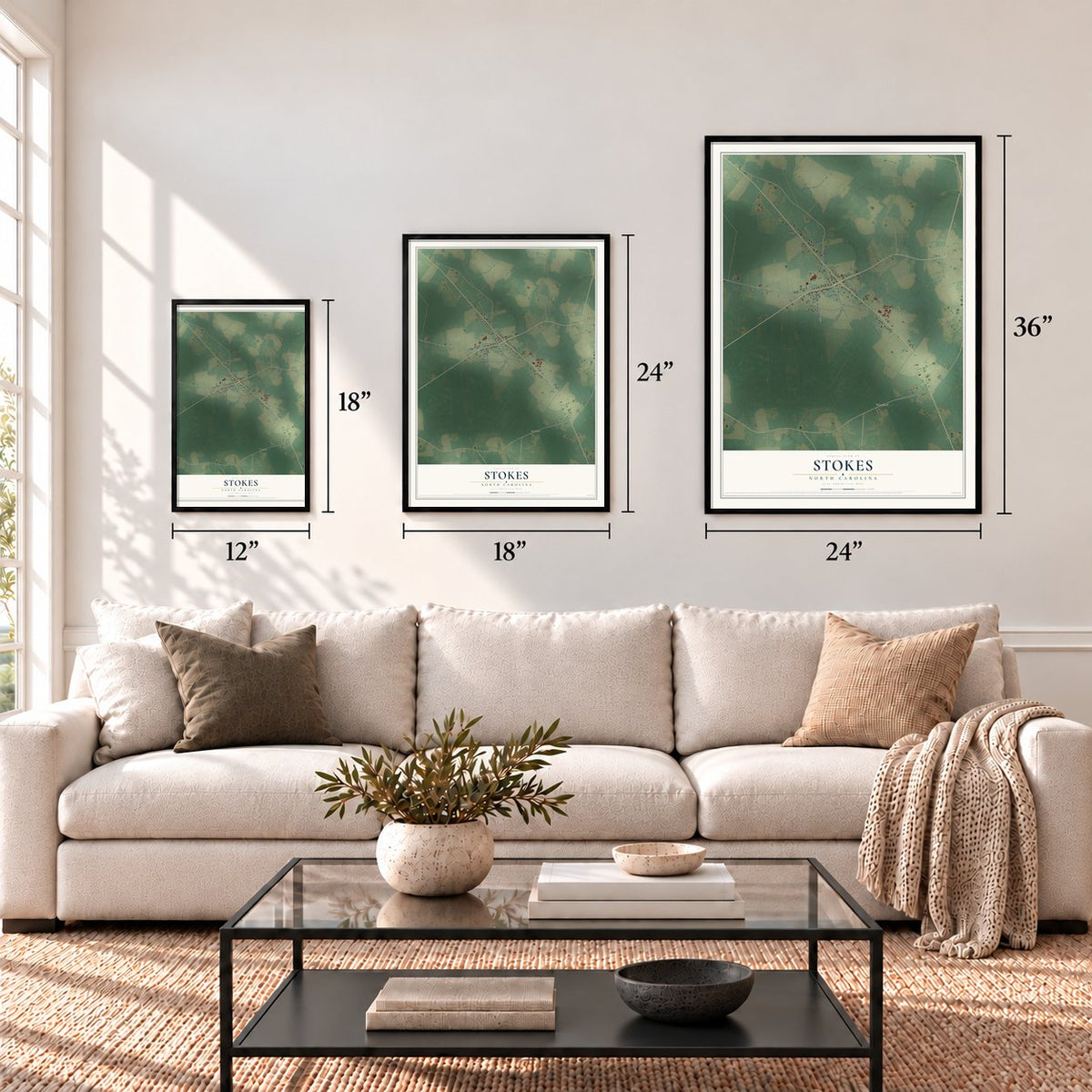 Stokes, North Carolina map in 12 x 18, 18 x 24 and 24 x 36 inch sizes above a sofa