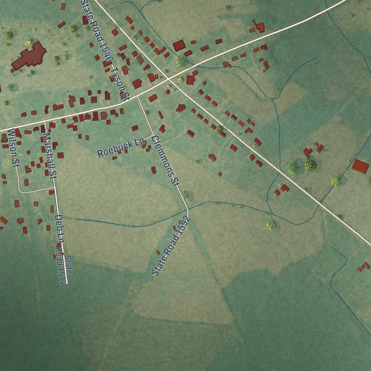 Close-up of the map of Stokes, North Carolina print showing street and building detail