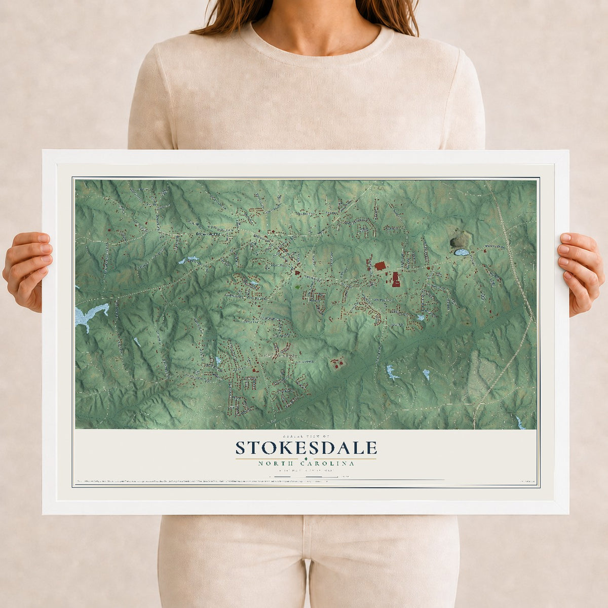 Map of Stokesdale, North Carolina, 12 x 18 inch print in a white wood frame