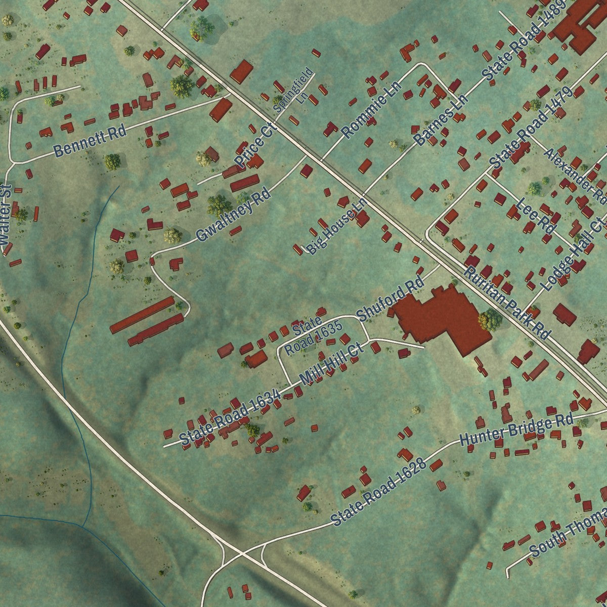 Close-up of the map of Stony Point, North Carolina print showing street and building detail