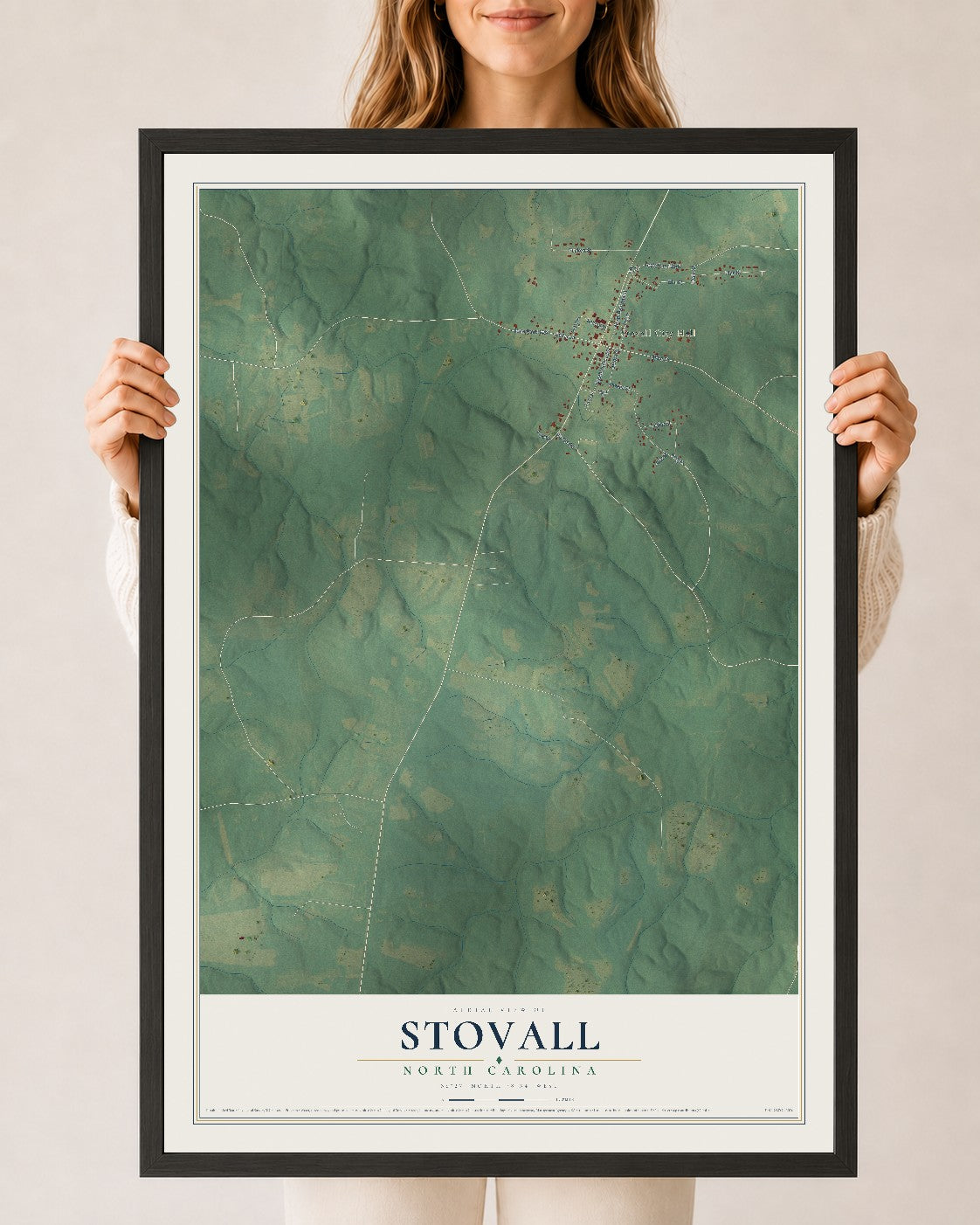 Map of Stovall, North Carolina, 24 x 36 inch print in a black wood frame