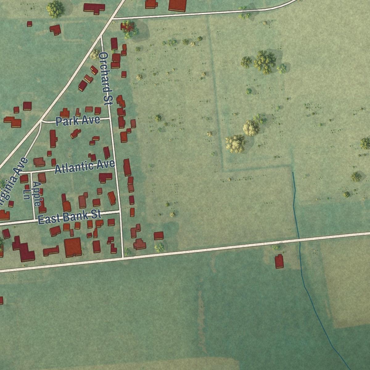 Close-up of the map of Sunbury, North Carolina print showing street and building detail
