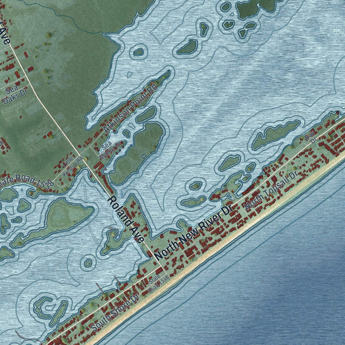 Second close-up of the map of Surf City, North Carolina print showing more streets and buildings
